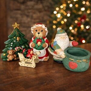 Vintage Christmas Figurine Set Santa & Mrs Claus Bear Holiday Decor Collectibles